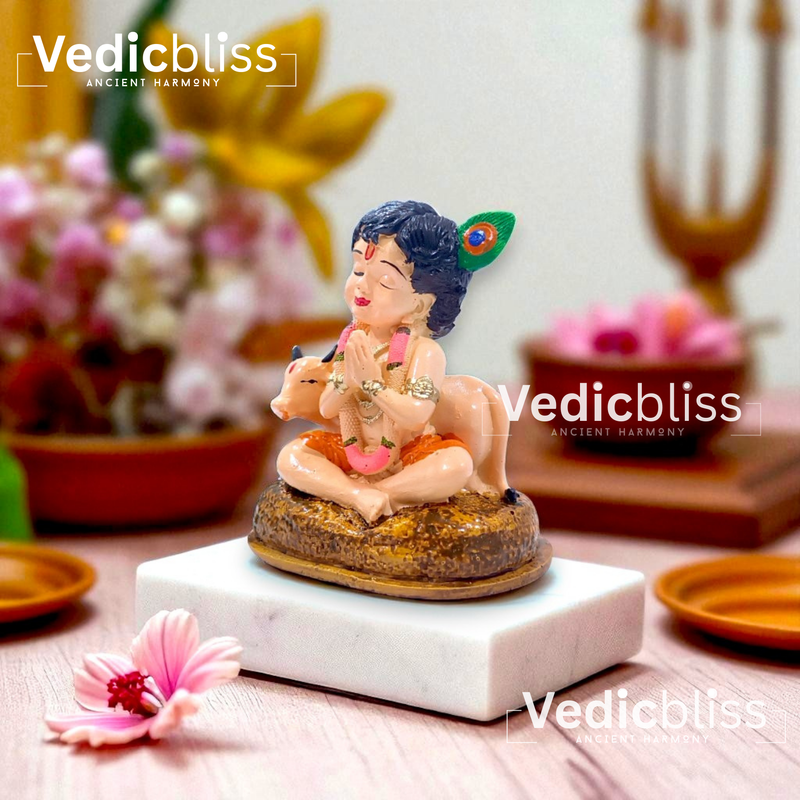 VEDICBLISS Ball Krishna with Cow Decorative Showpiece - 10 cm | Makhan Chor Murti | Cow and Gopal Idol for Car Dashboard
