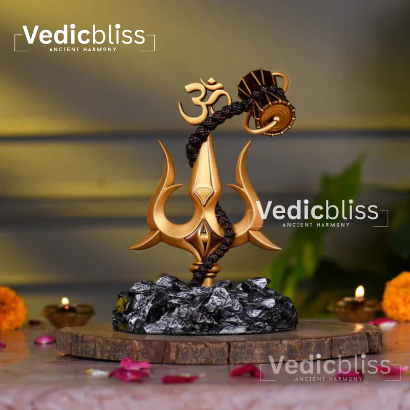 VEDICBLISS Om Trishul Rudraksha Damaru Car Dashboard Idol | Lord Shiva Religious Decor | Golden Hindu God Showpiece for Car Interior