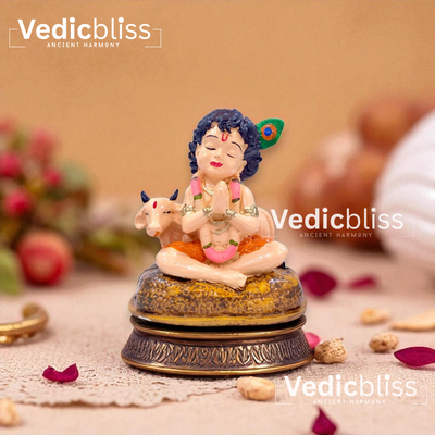 VEDICBLISS Ball Krishna with Cow Decorative Showpiece - 10 cm | Makhan Chor Murti | Cow and Gopal Idol for Car Dashboard