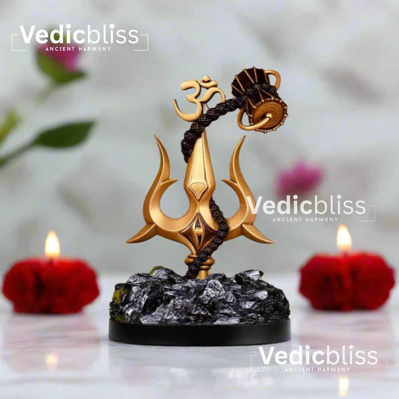VEDICBLISS Om Trishul Rudraksha Damaru Car Dashboard Idol | Lord Shiva Religious Decor | Golden Hindu God Showpiece for Car Interior