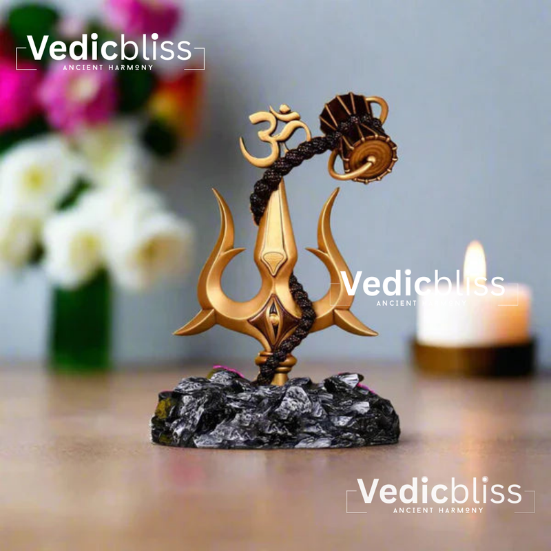VEDICBLISS Om Trishul Rudraksha Damaru Car Dashboard Idol | Lord Shiva Religious Decor | Golden Hindu God Showpiece for Car Interior