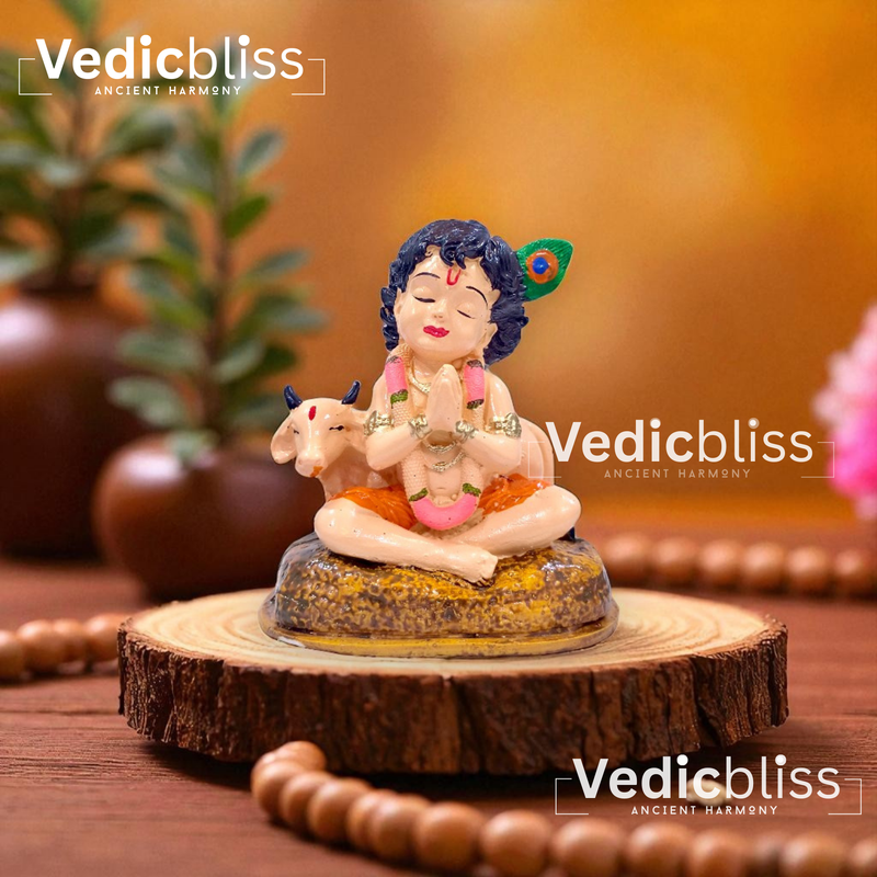 VEDICBLISS Ball Krishna with Cow Decorative Showpiece - 10 cm | Makhan Chor Murti | Cow and Gopal Idol for Car Dashboard