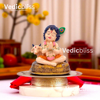 VEDICBLISS Ball Krishna with Cow Decorative Showpiece - 10 cm | Makhan Chor Murti | Cow and Gopal Idol for Car Dashboard