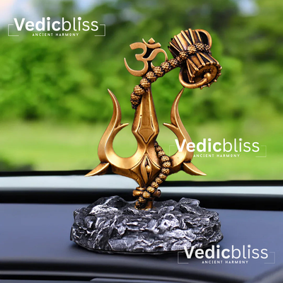 VEDICBLISS Om Trishul Rudraksha Damaru Car Dashboard Idol | Lord Shiva Religious Decor | Golden Hindu God Showpiece for Car Interior