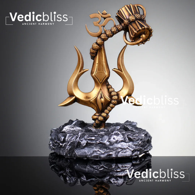 VEDICBLISS Om Trishul Rudraksha Damaru Car Dashboard Idol | Lord Shiva Religious Decor | Golden Hindu God Showpiece for Car Interior
