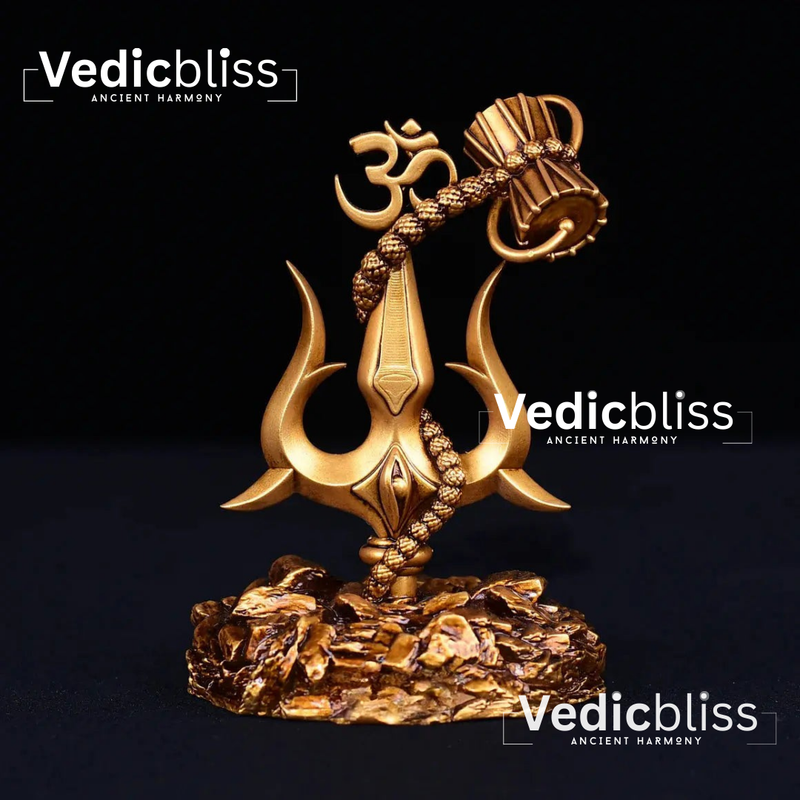 VEDICBLISS Om Trishul Rudraksha Damaru Car Dashboard Idol | Lord Shiva Religious Decor | Golden Hindu God Showpiece for Car Interior