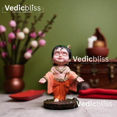 VEDICBLISS Ball Krishna Decorative Showpiece - 10 cm | Makhan Chor Murti | Bal Gopal Idol for Car Dashboard