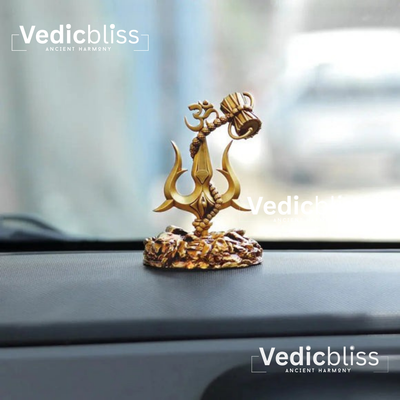 VEDICBLISS Om Trishul Rudraksha Damaru Car Dashboard Idol | Lord Shiva Religious Decor | Golden Hindu God Showpiece for Car Interior