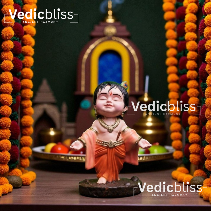 VEDICBLISS Ball Krishna Decorative Showpiece - 10 cm | Makhan Chor Murti | Bal Gopal Idol for Car Dashboard