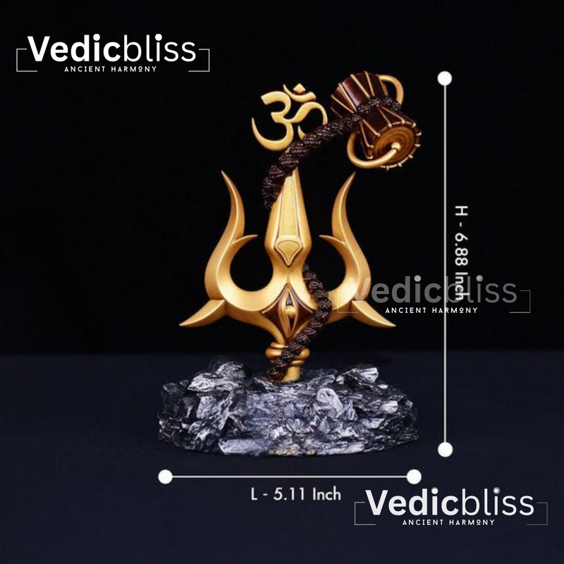 VEDICBLISS Om Trishul Rudraksha Damaru Car Dashboard Idol | Lord Shiva Religious Decor | Golden Hindu God Showpiece for Car Interior