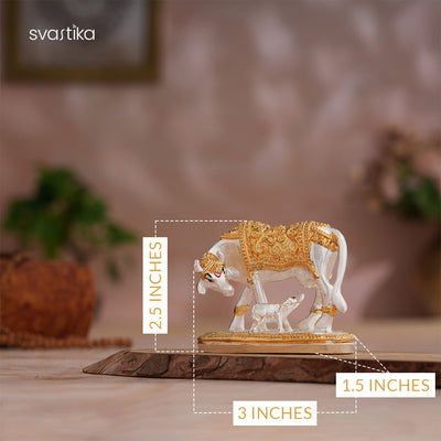 Kamdhenu Cow with Calf Idol - Gold & Silver Plated (2.5 inch)
