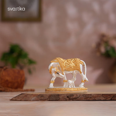 Kamdhenu Cow with Calf Idol - Gold & Silver Plated (2.5 inch)