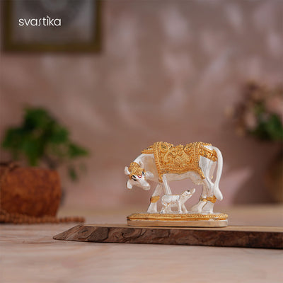 Kamdhenu Cow with Calf Idol - Gold & Silver Plated (2.5 inch)