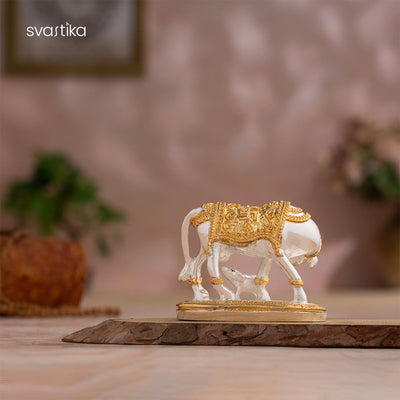 Kamdhenu Cow with Calf Idol - Gold & Silver Plated (2.5 inch)