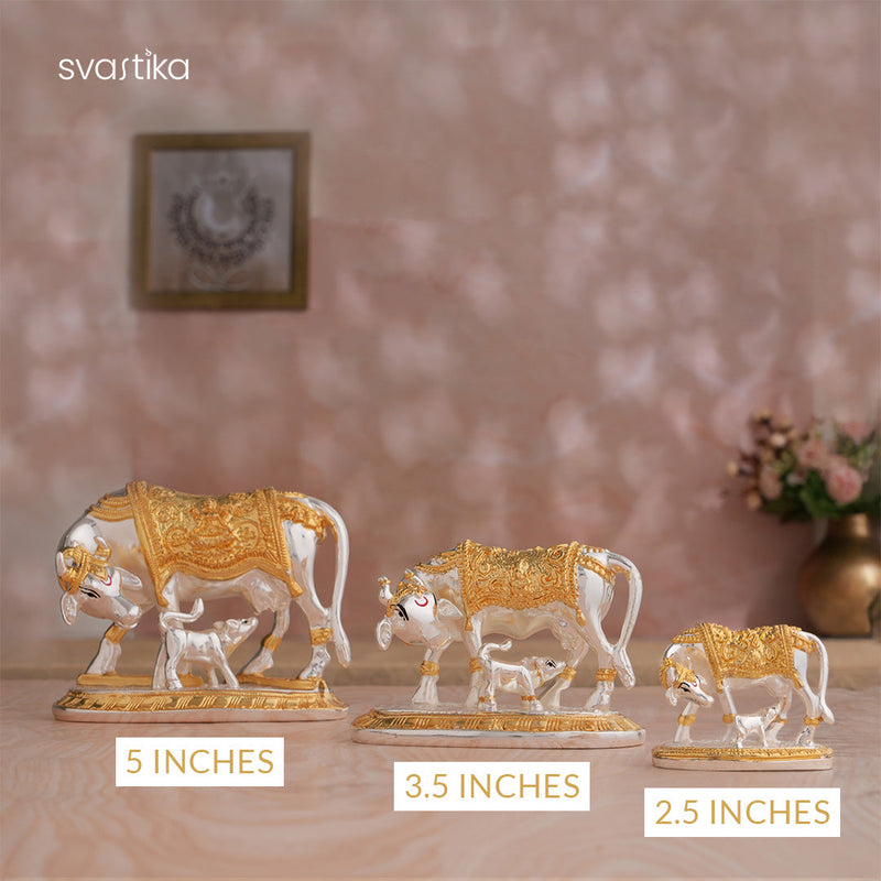 Kamdhenu Cow with Calf Idol - Gold & Silver Plated (2.5 inch)