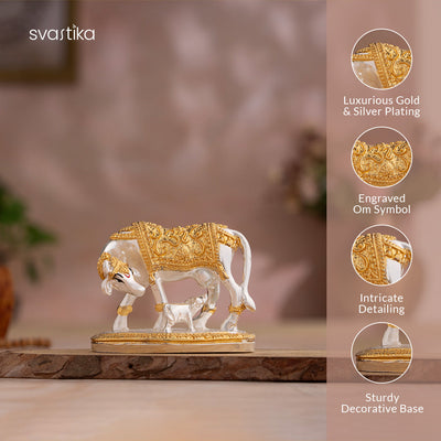 Kamdhenu Cow with Calf Idol - Gold & Silver Plated (2.5 inch)