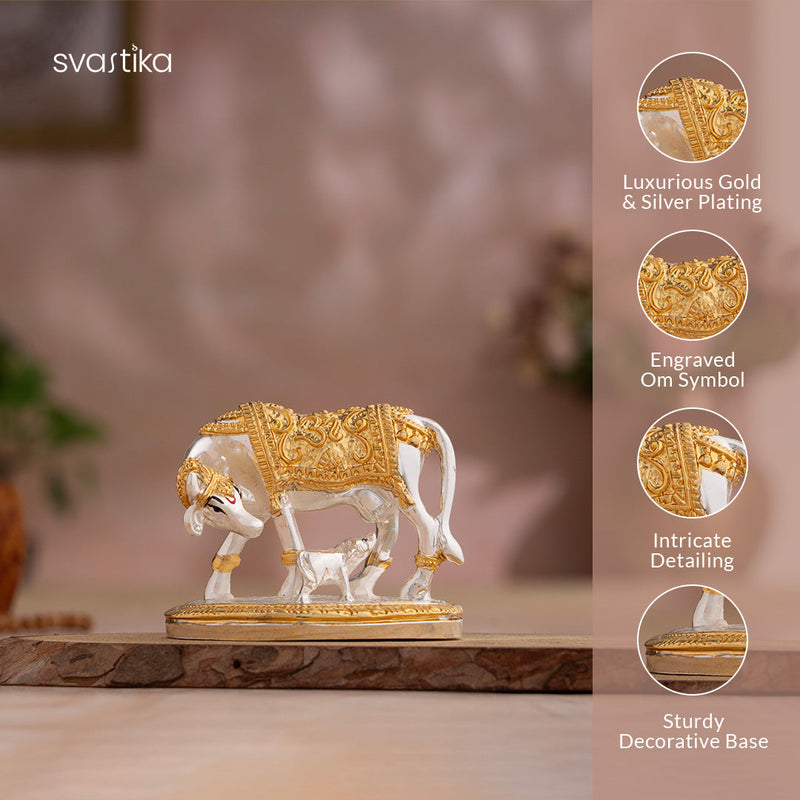 Kamdhenu Cow with Calf Idol - Gold & Silver Plated (2.5 inch)