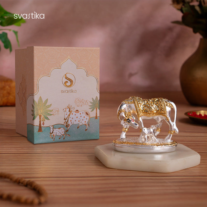 Kamdhenu Cow with Calf Idol - Gold & Silver Plated (2.5 inch)